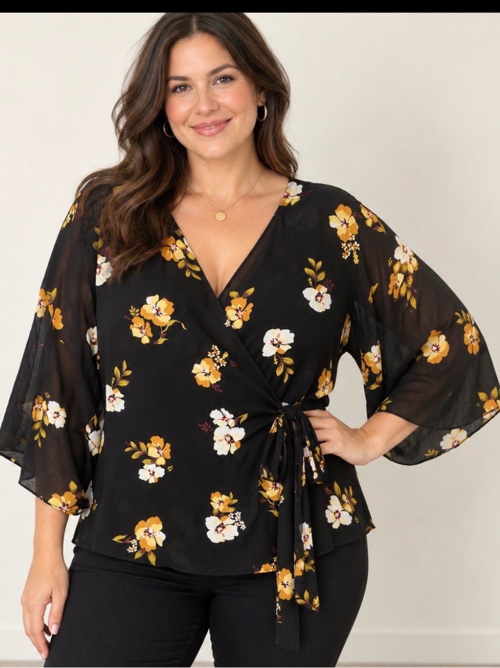 Black Floral Wrap Blouse with Mustard Accents
